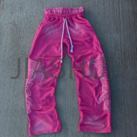French Terry Dirty Dye Double-Waist Baggy Sweatpants with Rhinestone