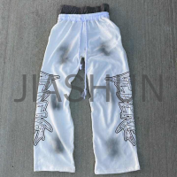 French Terry Dirty Dye Double-Waist Baggy Sweatpants with Rhinestone