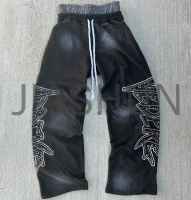 French Terry Dirty Dye Double-Waist Baggy Sweatpants with Rhinestone
