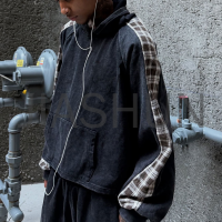Acid Wash Oversized Boxy Hoodie with Plaid Sleeve