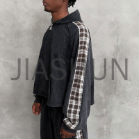 Acid Wash Oversized Boxy Hoodie with Plaid Sleeve