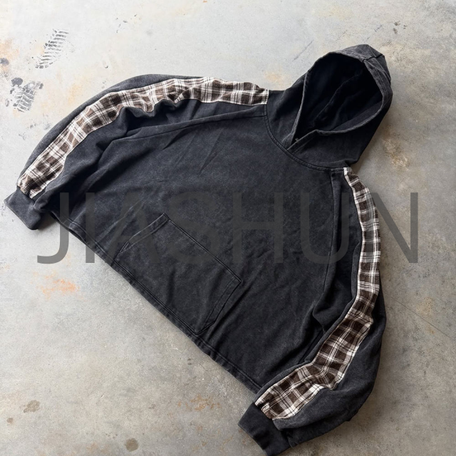 Acid Wash Oversized Boxy Hoodie with Plaid Sleeve