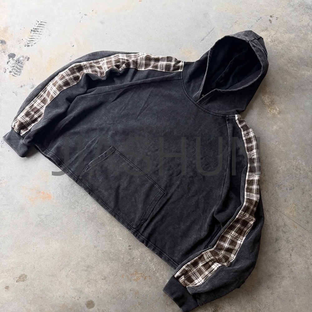 Acid Wash Oversized Boxy Hoodie with Plaid Sleeve