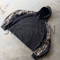 Acid Wash Oversized Boxy Hoodie with Plaid Sleeve