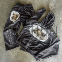 Acid Wash Distressed Applique Embroidery Vintage Zip-Up Hoodie Set