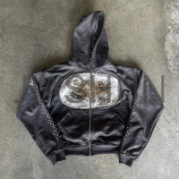 Acid Wash Distressed Applique Embroidery Vintage Zip-Up Hoodie Set