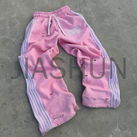 Distressed Washed Thick Cotton Wide Leg Sweatpants with Stripe Print