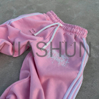 Distressed Washed Thick Cotton Wide Leg Sweatpants with Stripe Print