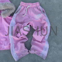 Distressed Washed Thick Cotton Wide Leg Sweatpants with Stripe Print