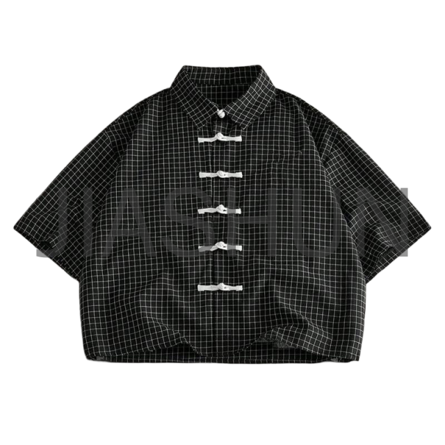 Loose Short Sleeve Plaid Shirt with Frog Buttons