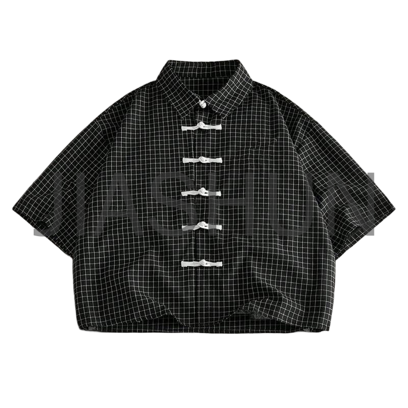 Loose Short Sleeve Plaid Shirt with Frog Buttons