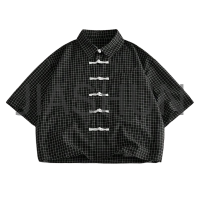 Loose Short Sleeve Plaid Shirt with Frog Buttons