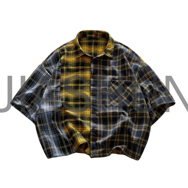 Oversized Cropped Blue-Yellow Plaid Patchwork Button-Front Shirt
