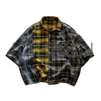 Oversized Cropped Blue-Yellow Plaid Patchwork Button-Front Shirt