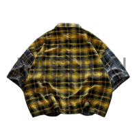 Oversized Cropped Blue-Yellow Plaid Patchwork Button-Front Shirt