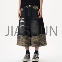Vintage Wash Baggy Distressed Denim Pants with Embroidered Patches