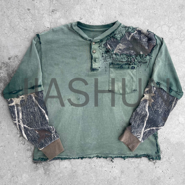 Distressed Washed Double-Layer Printed T-Shirt