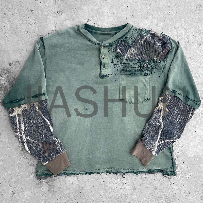 Distressed Washed Double-Layer Printed T-Shirt