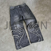 Washed Baggy Denim Pants Distressed Embroidered Patches Vintage