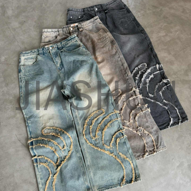 Washed Baggy Denim Pants Distressed Embroidered Patches Vintage