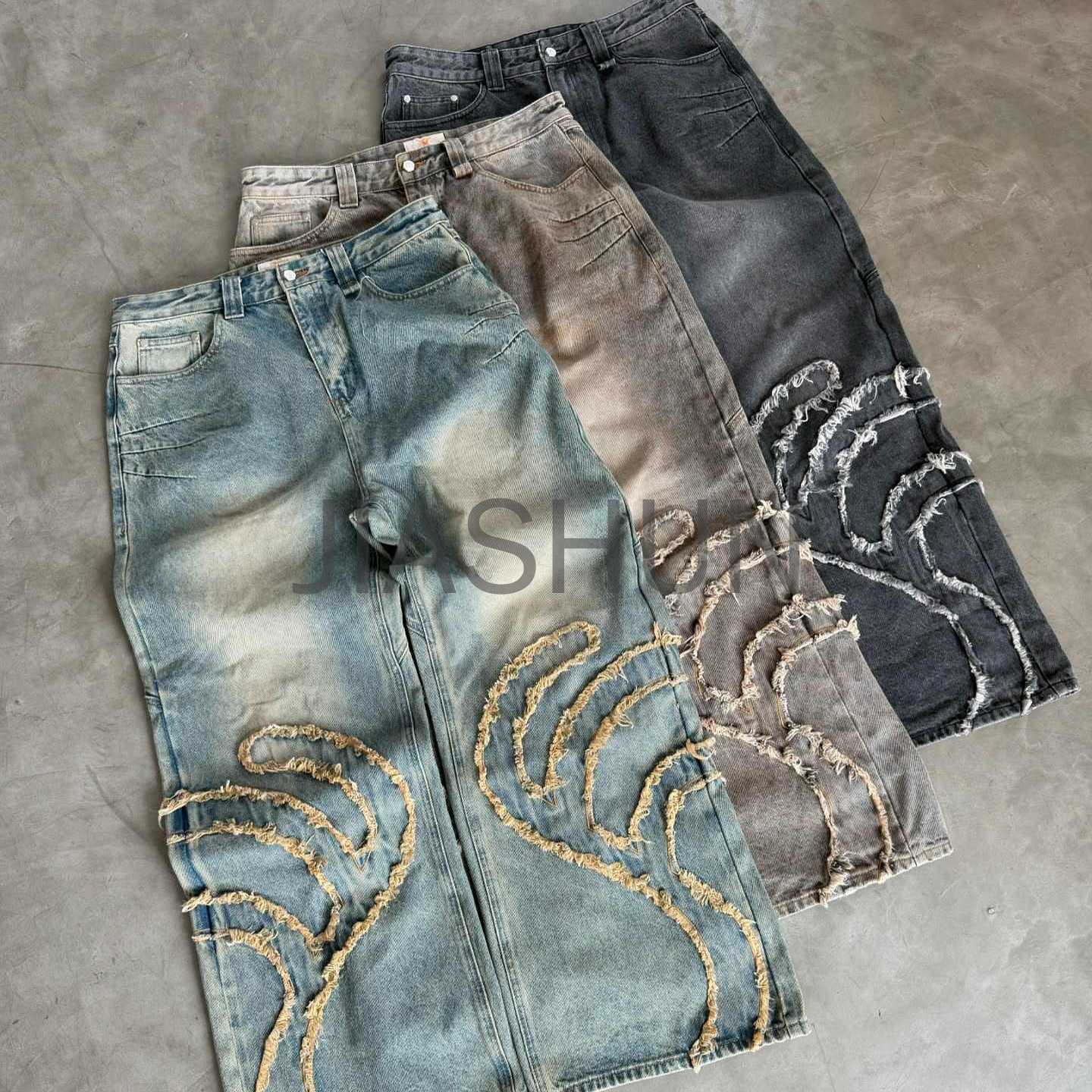 Washed Baggy Denim Pants Distressed Embroidered Patches Vintage
