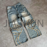 Washed Baggy Denim Pants Distressed Embroidered Patches Vintage