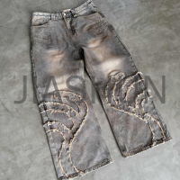 Washed Baggy Denim Pants Distressed Embroidered Patches Vintage