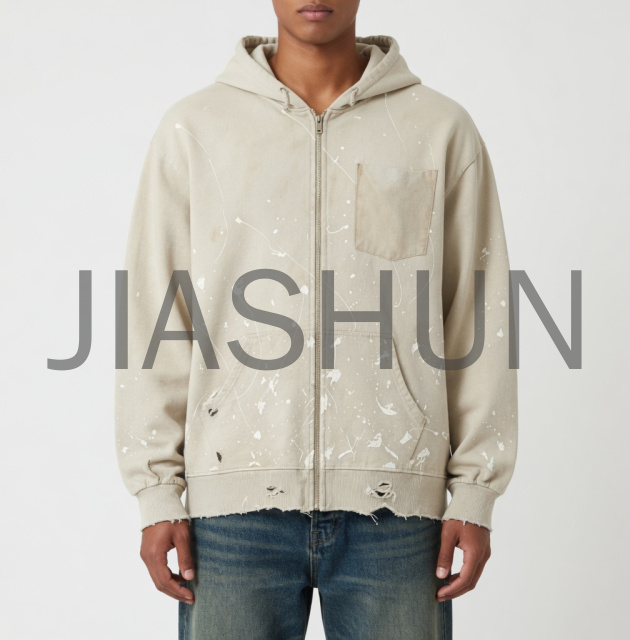 Vintage Washed Ripped Splatter Full Zip Hoodie