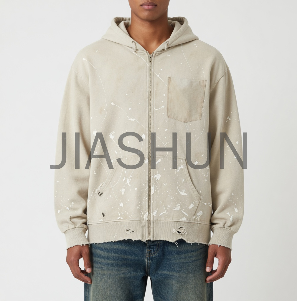 Vintage Washed Ripped Splatter Full Zip Hoodie