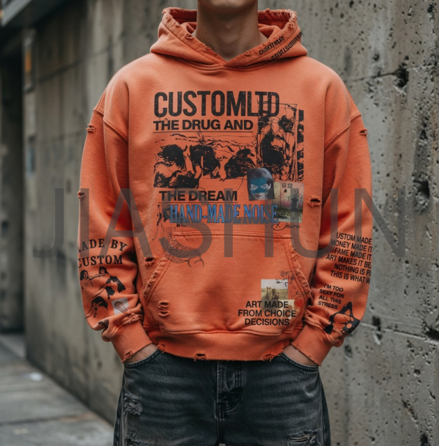 Washed Distressed Collage Art Pullover Hoodie
