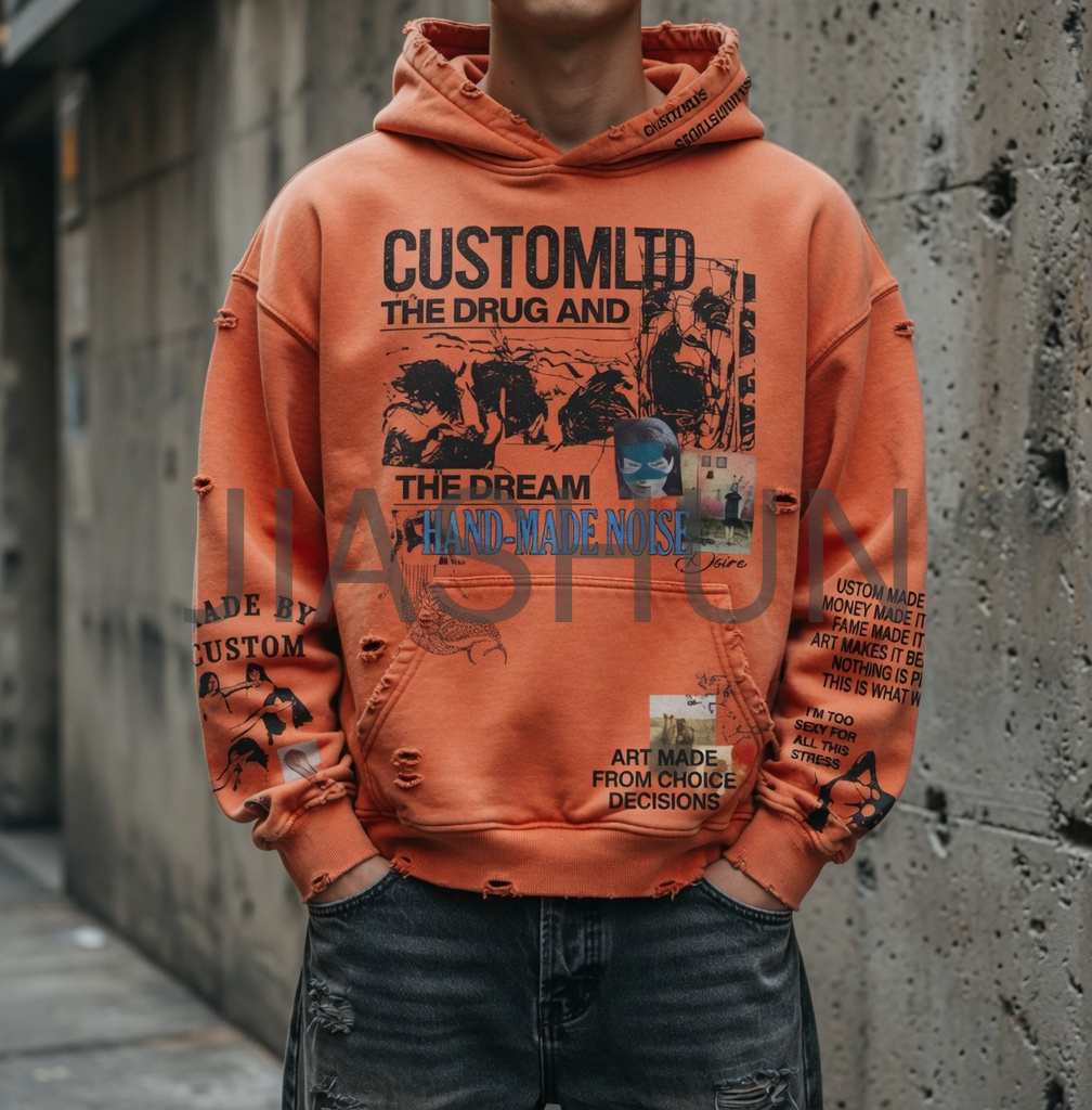 Washed Distressed Collage Art Pullover Hoodie
