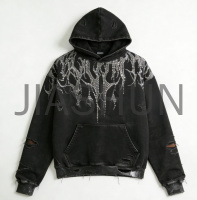 Vintage Washed Ripped Raw‑Edge Pullover Hoodie