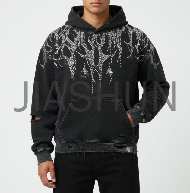 Vintage Washed Ripped Raw‑Edge Pullover Hoodie
