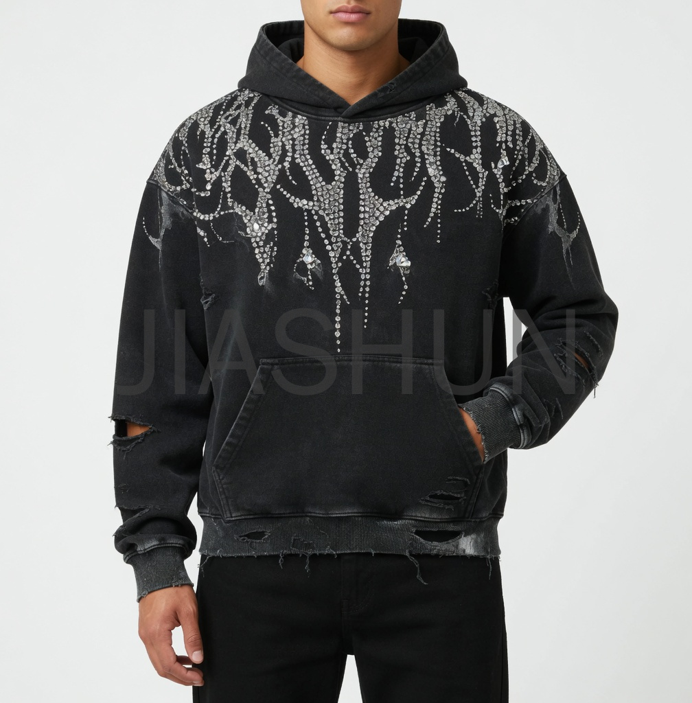 Vintage Washed Ripped Raw‑Edge Pullover Hoodie