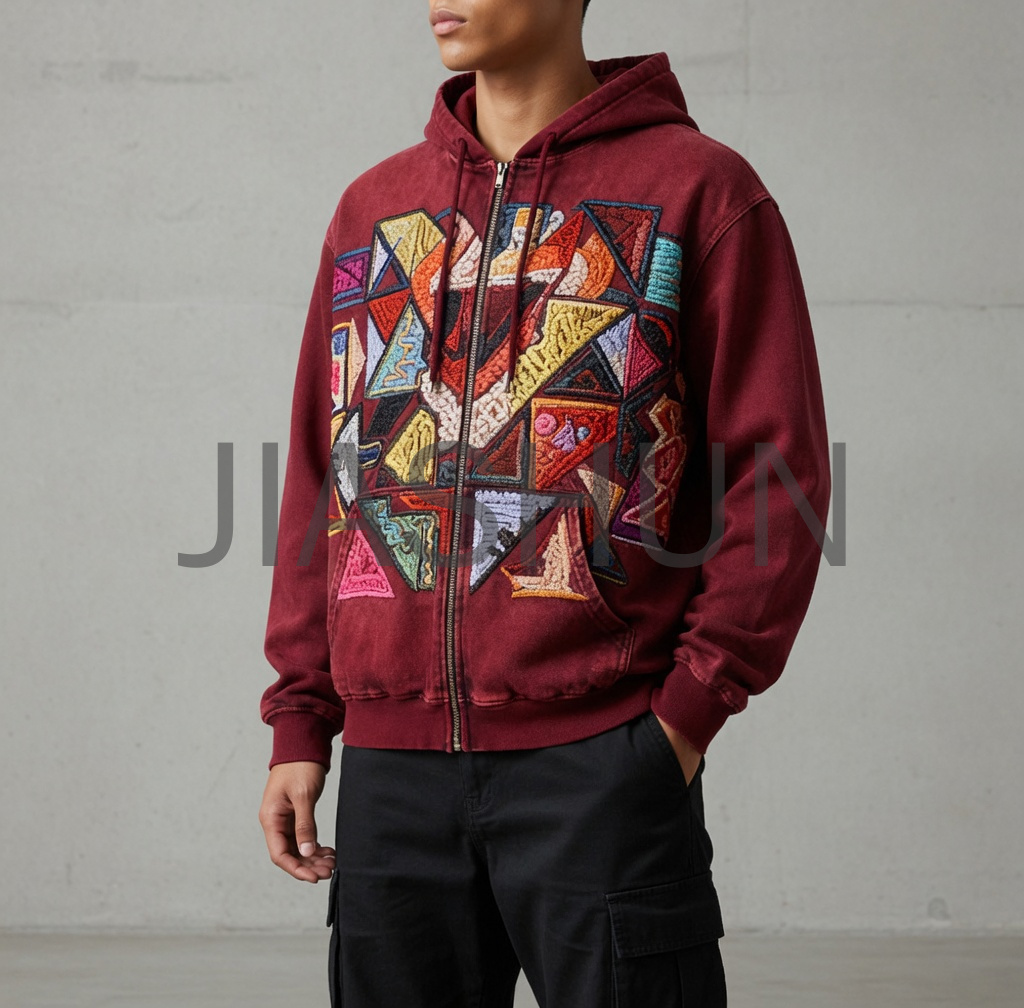 Geometric Patchwork Embroidery Zip‑Up Hoodie