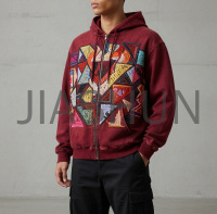 Geometric Patchwork Embroidery Zip‑Up Hoodie
