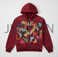 Geometric Patchwork Embroidery Zip‑Up Hoodie