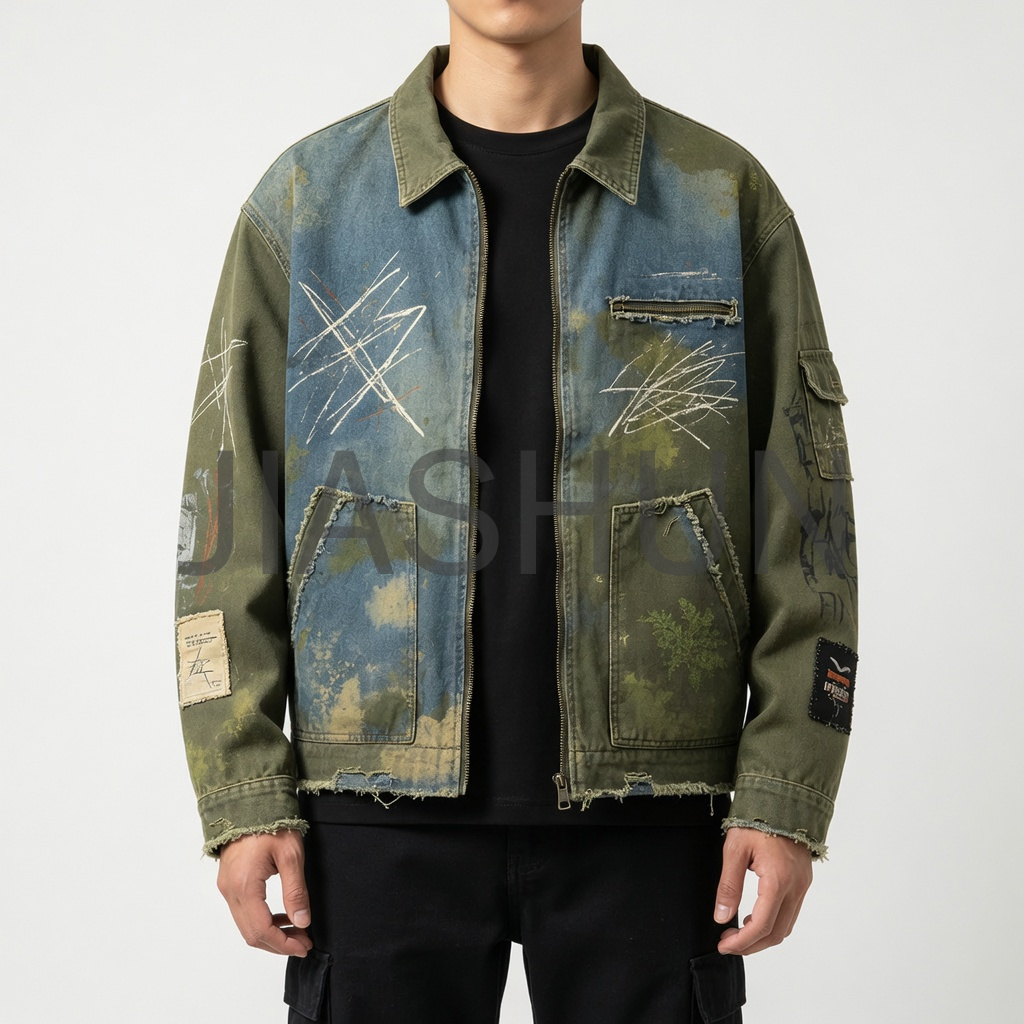 Frayed Paneled Vintage Washed Work Jacket