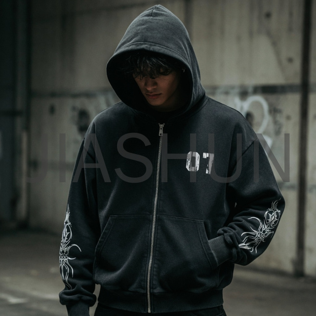 Oversized Tree Graphic Full‑Zip Hoodie