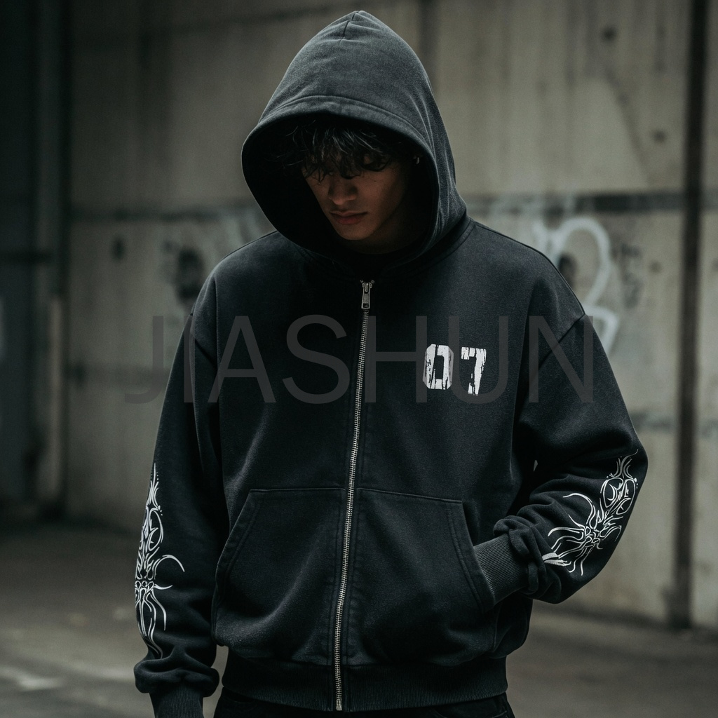 Oversized Tree Graphic Full‑Zip Hoodie