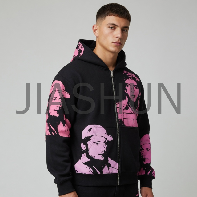 Full‑zip graphic print hoodie