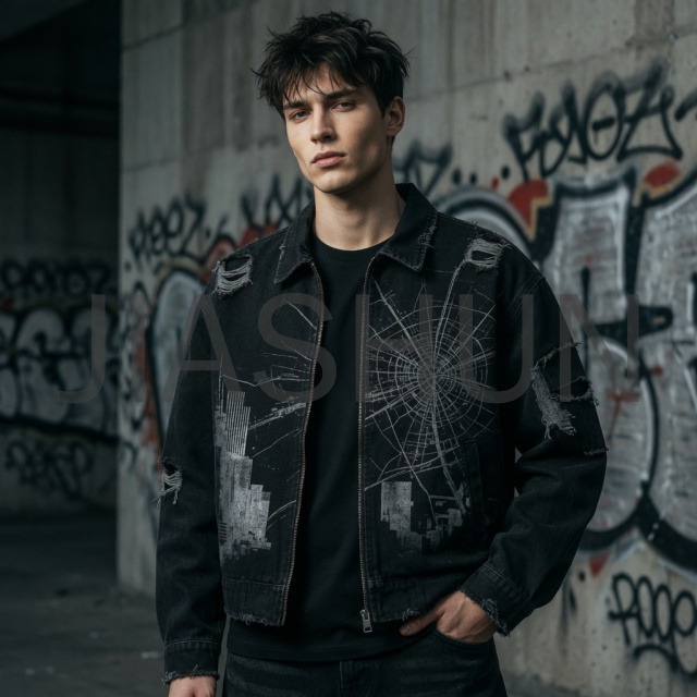 Crack print collar zip jacket