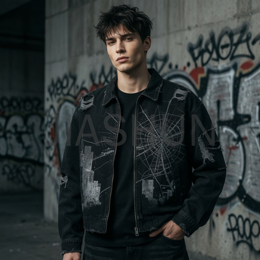 Crack print collar zip jacket