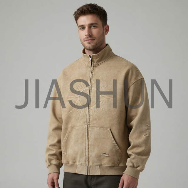 Washed stand‑collar zip‑up jacket
