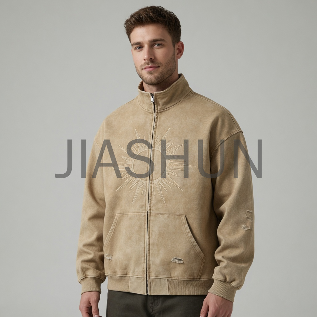 Washed stand‑collar zip‑up jacket