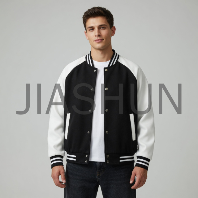 Black‑white raglan sleeve varsity baseball jacket