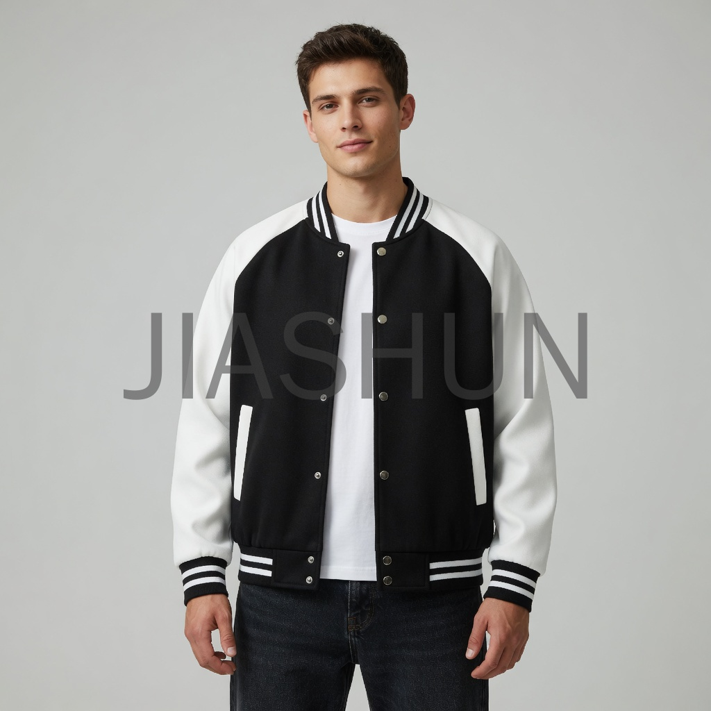 Black‑white raglan sleeve varsity baseball jacket
