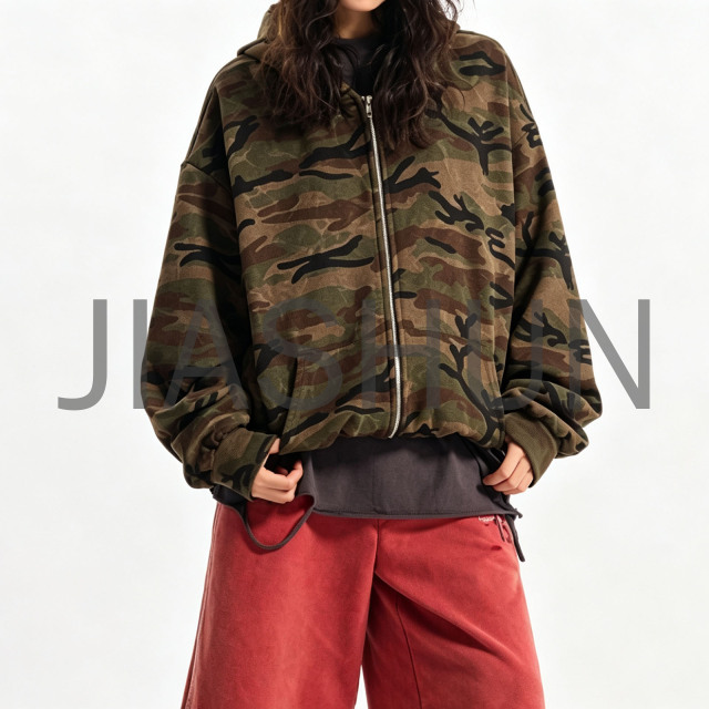 Vintage Camouflage Zip‑Up Oversized Hooded Jacket For Men