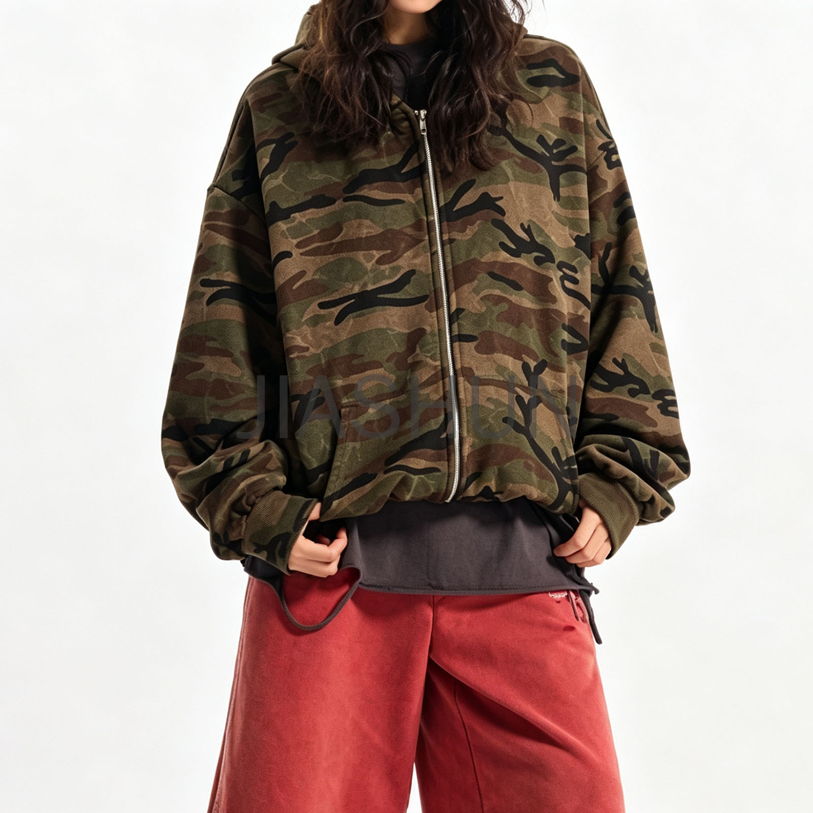 Vintage Camouflage Zip‑Up Oversized Hooded For Men