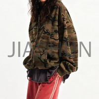 Vintage Camouflage Zip‑Up Oversized Hooded For Men